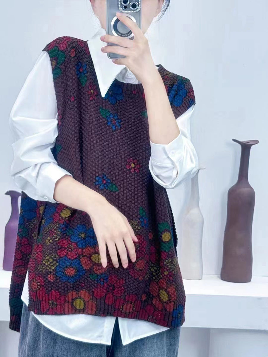 Women Autumn Casual Flower O-Neck Knit Vest