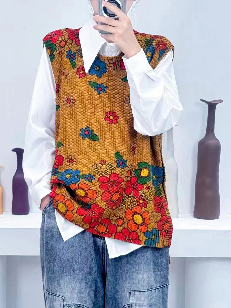 Women Autumn Casual Flower O-Neck Knit Vest