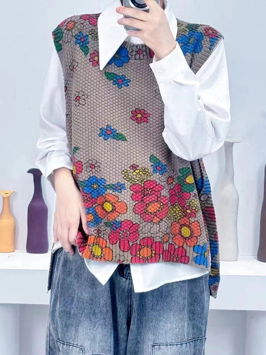 Women Autumn Casual Flower O-Neck Knit Vest