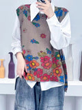 Women Autumn Casual Flower O-Neck Knit Vest