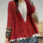 Women Autumn Vintage Patch V-Neck Knit Sweater