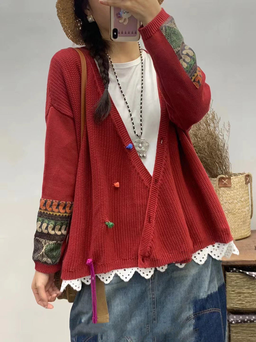 Women Autumn Vintage Patch V-Neck Knit Sweater