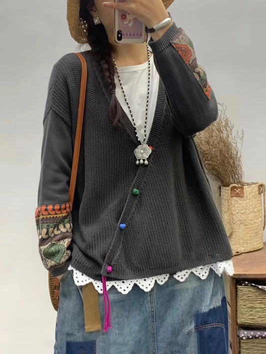 Women Autumn Vintage Patch V-Neck Knit Sweater