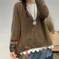 Women Autumn Vintage Patch V-Neck Knit Sweater