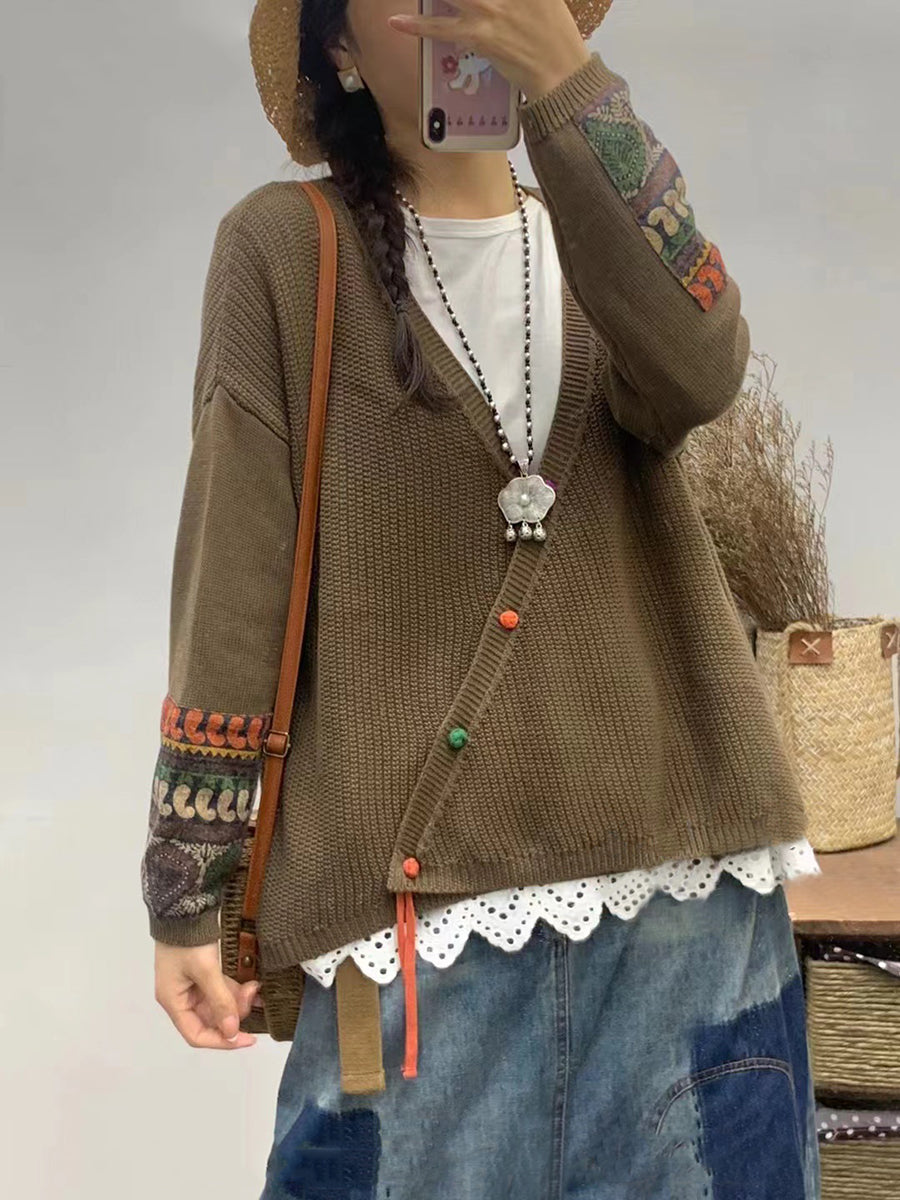 Women Autumn Vintage Patch V-Neck Knit Sweater