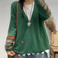 Women Autumn Vintage Patch V-Neck Knit Sweater