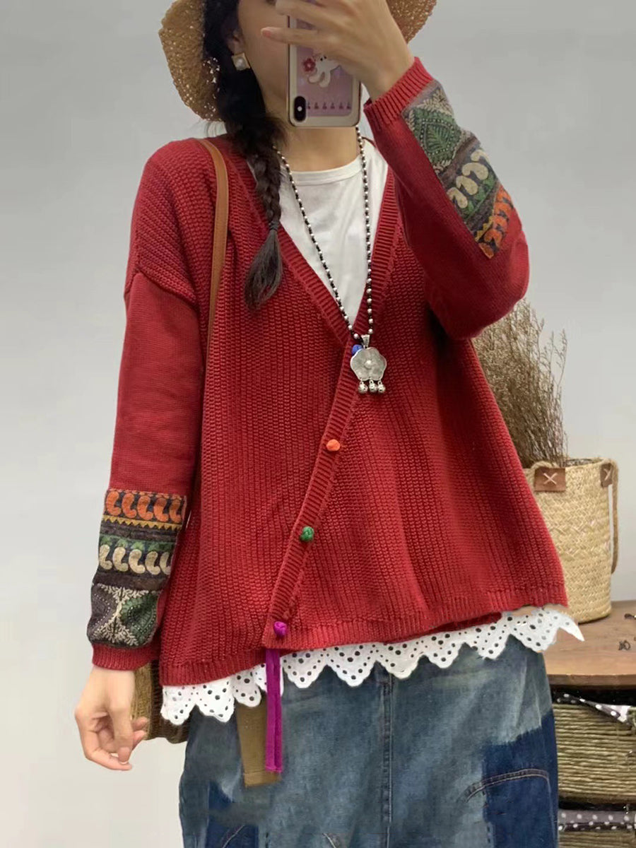 Women Autumn Vintage Patch V-Neck Knit Sweater