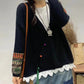 Women Autumn Vintage Patch V-Neck Knit Sweater