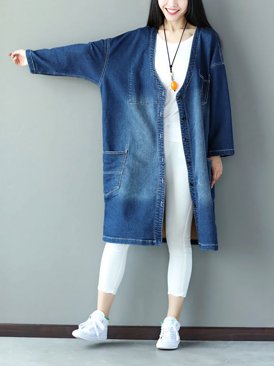 Women Autumn Casual Flower Patch Back Denim Coat