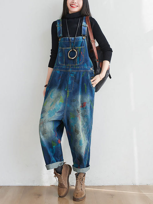 Women Summer Casual Watercolour Denim Jumpsuits