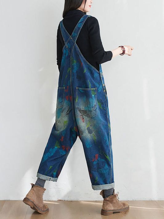 Women Summer Casual Watercolour Denim Jumpsuits