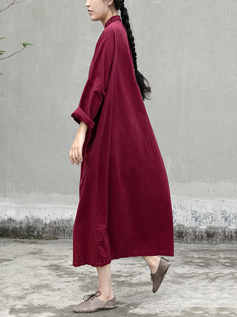 Women Artsy Autumn Solid Turn-down Collar Cotton Dress