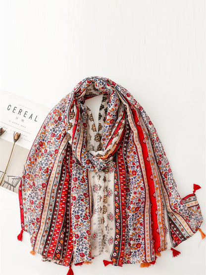 Women Ethnic Floral Colorblock Tassel Shawl Scarf