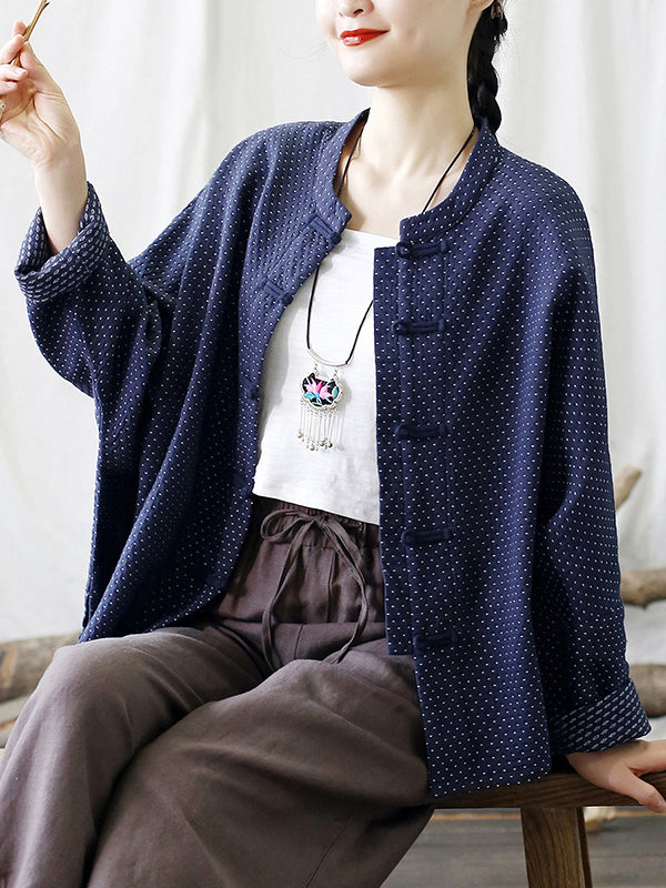 Women Autumn Vintage Dot Button Stand Collar Cotton Jacket