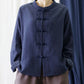 Women Autumn Vintage Dot Button Stand Collar Cotton Jacket