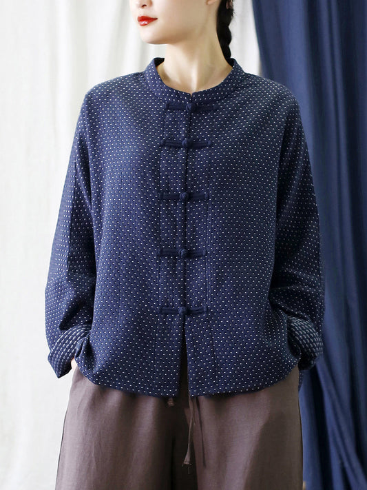 Women Autumn Vintage Dot Button Stand Collar Cotton Jacket