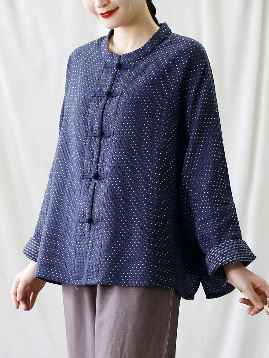 Women Autumn Vintage Dot Button Stand Collar Cotton Jacket