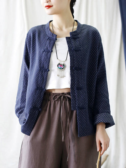 Women Autumn Vintage Dot Button Stand Collar Cotton Jacket