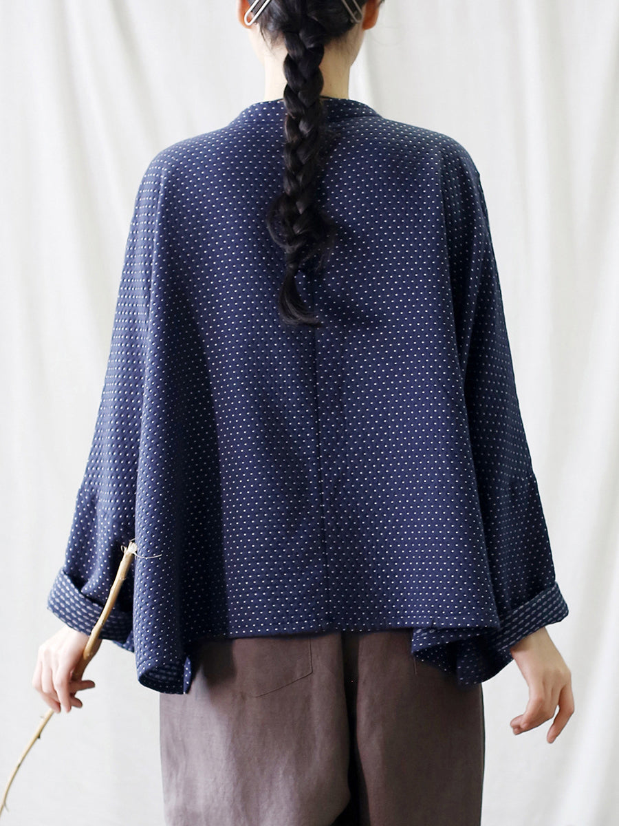 Women Autumn Vintage Dot Button Stand Collar Cotton Jacket