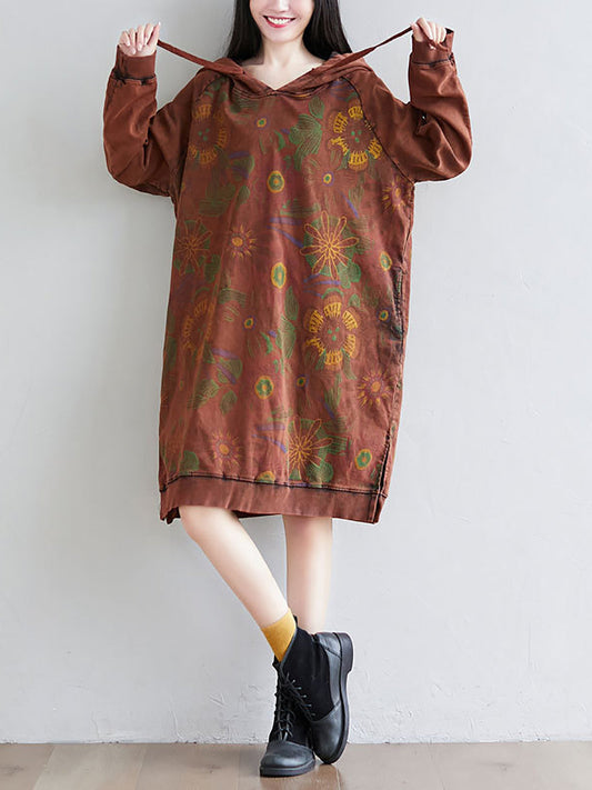 Women Autumn Artsy Flower Loose Hooded Cotton Dress