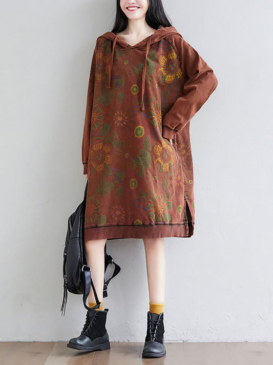 Women Autumn Artsy Flower Loose Hooded Cotton Dress