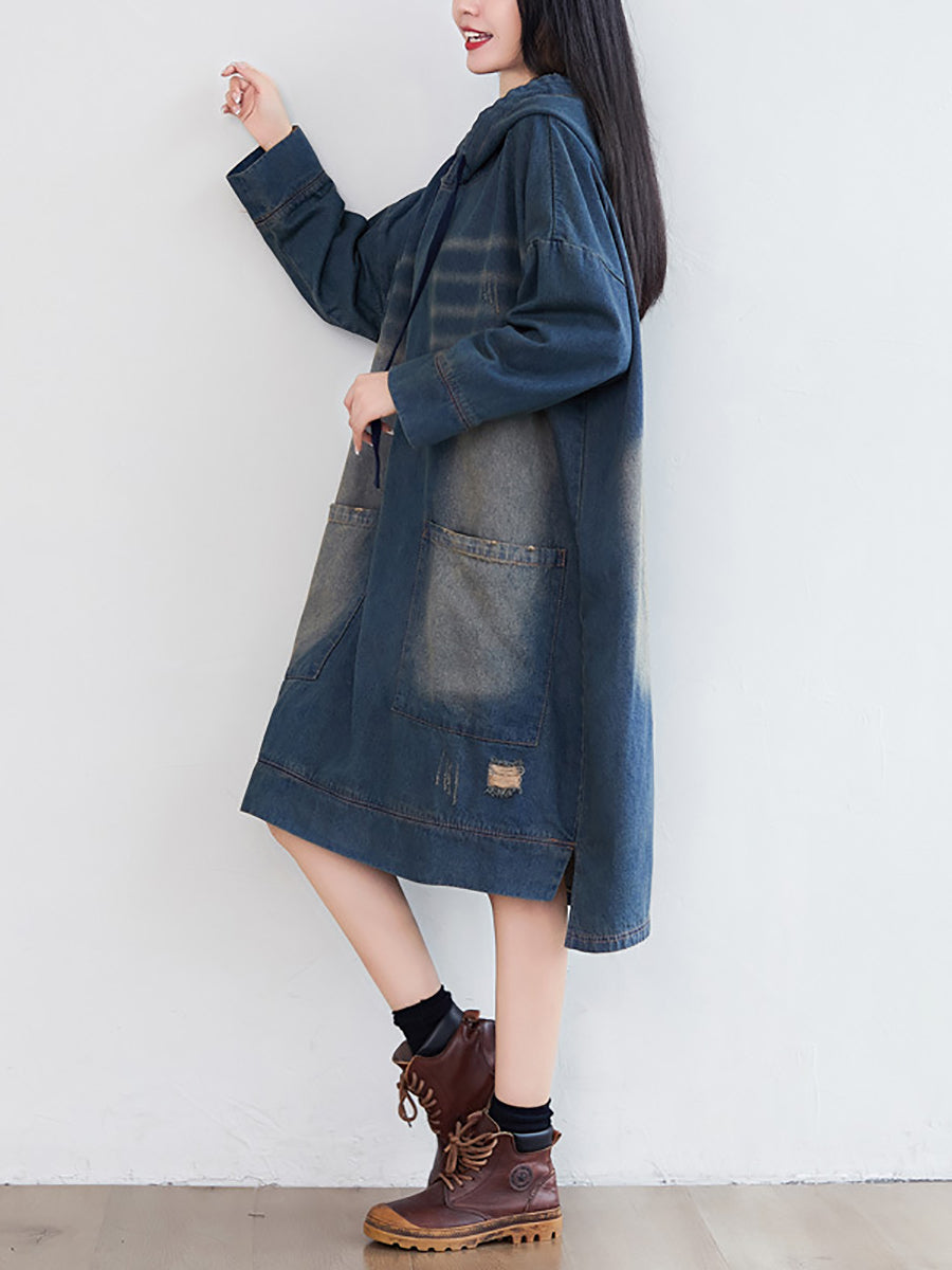 Women Vintage Washed Frayed Denim Hooded Dress