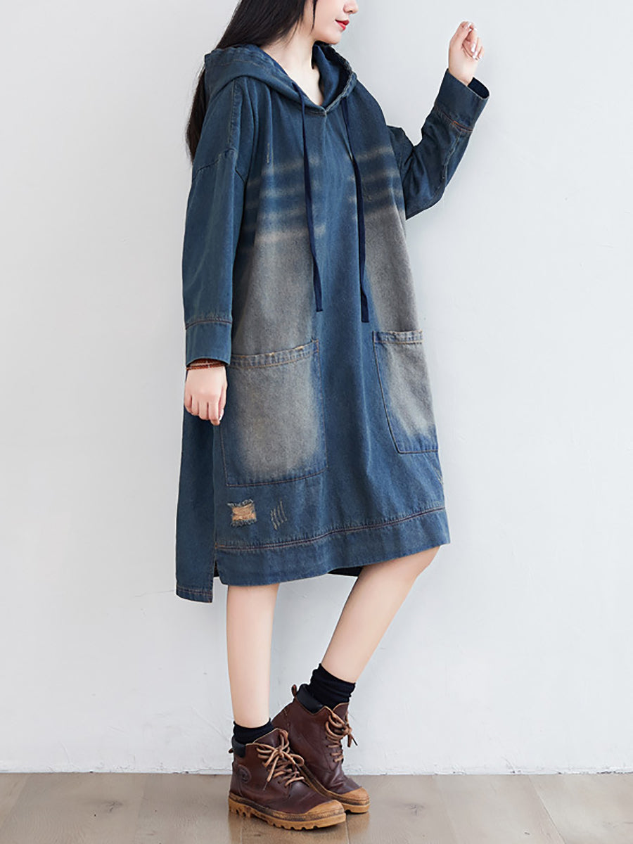 Women Vintage Washed Frayed Denim Hooded Dress