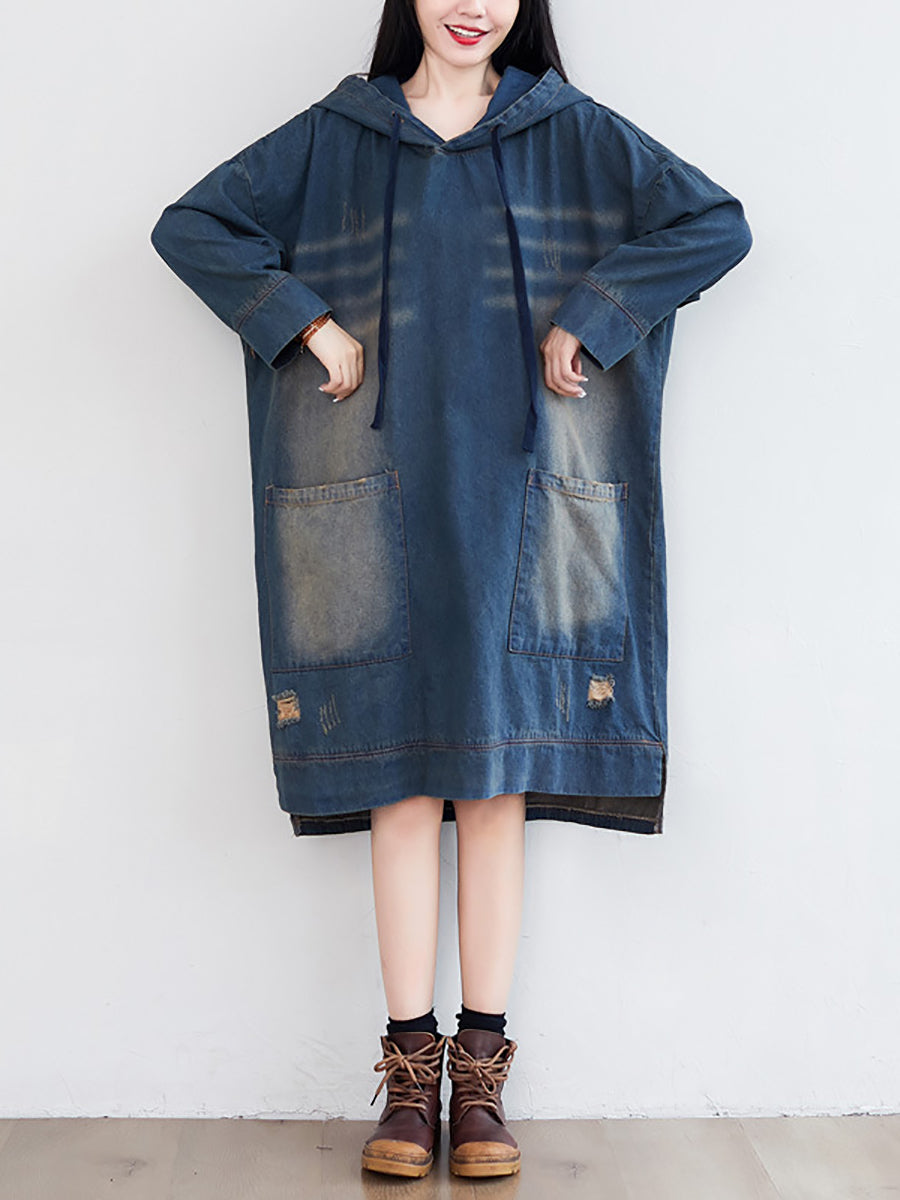 Women Vintage Washed Frayed Denim Hooded Dress