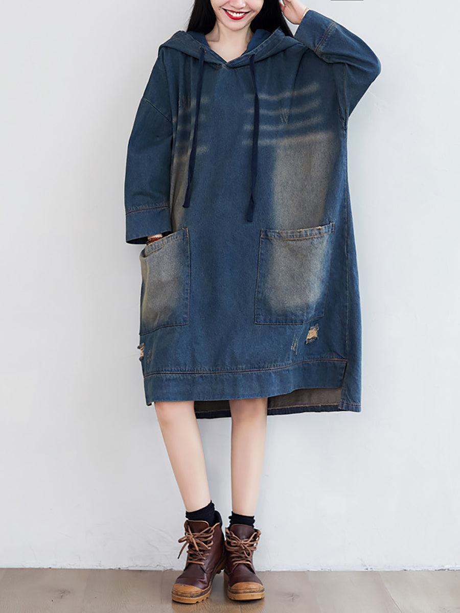 Women Vintage Washed Frayed Denim Hooded Dress