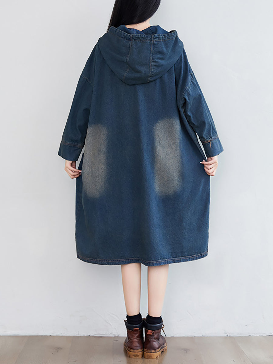 Women Vintage Washed Frayed Denim Hooded Dress