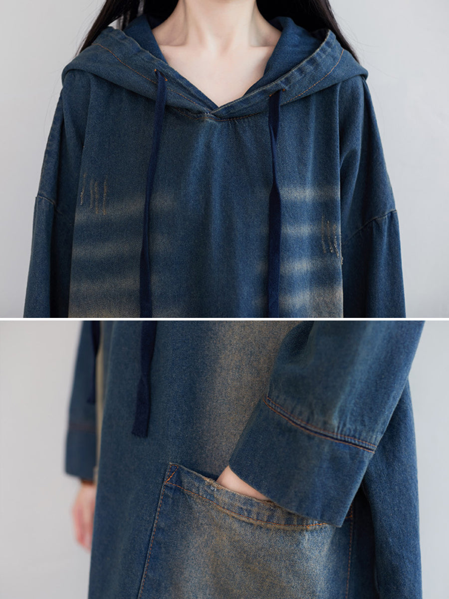 Women Vintage Washed Frayed Denim Hooded Dress