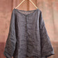 Women Summer Vintage Stitching Button Ramie Blouse