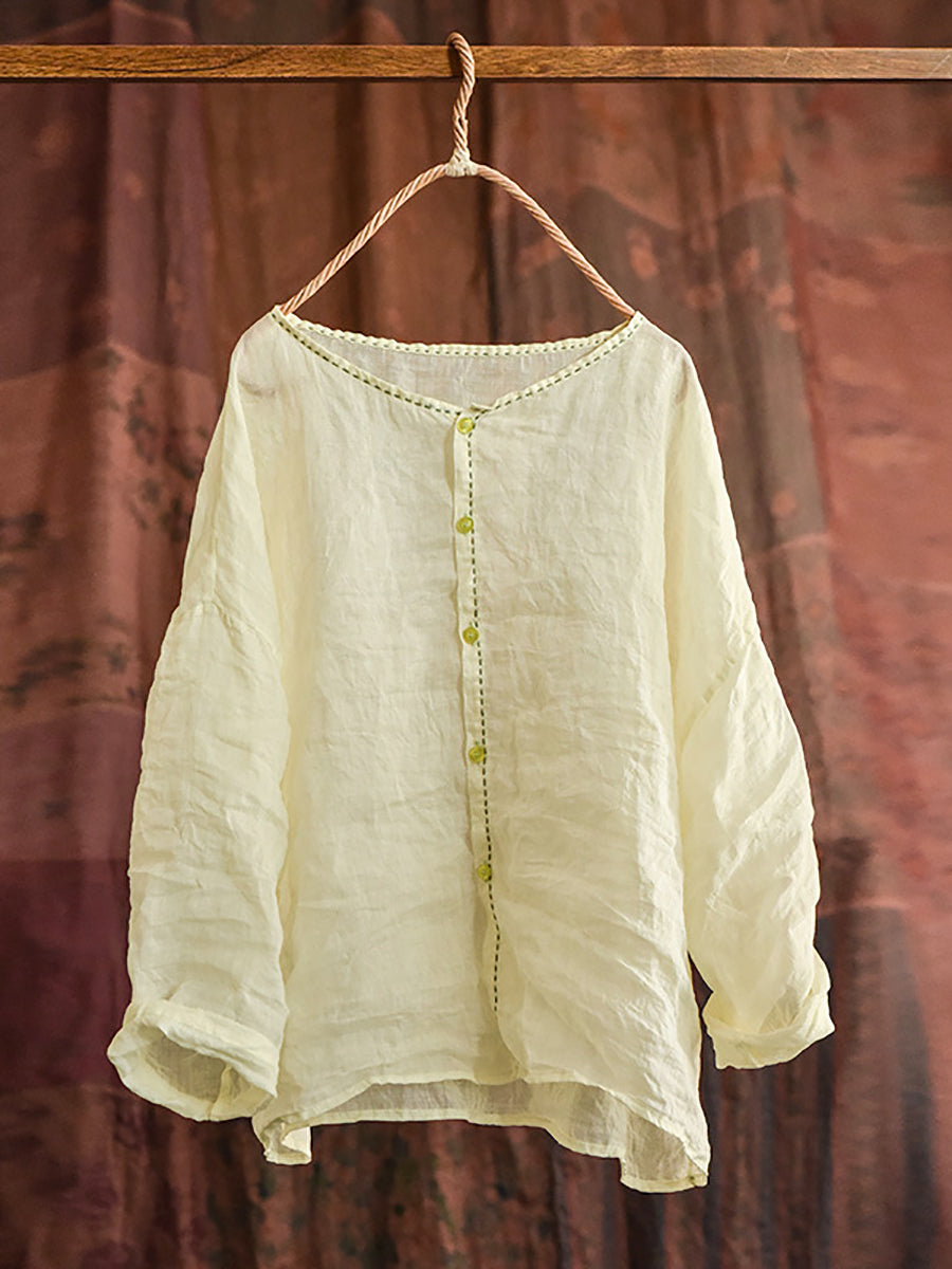 Women Summer Vintage Stitching Button Ramie Blouse