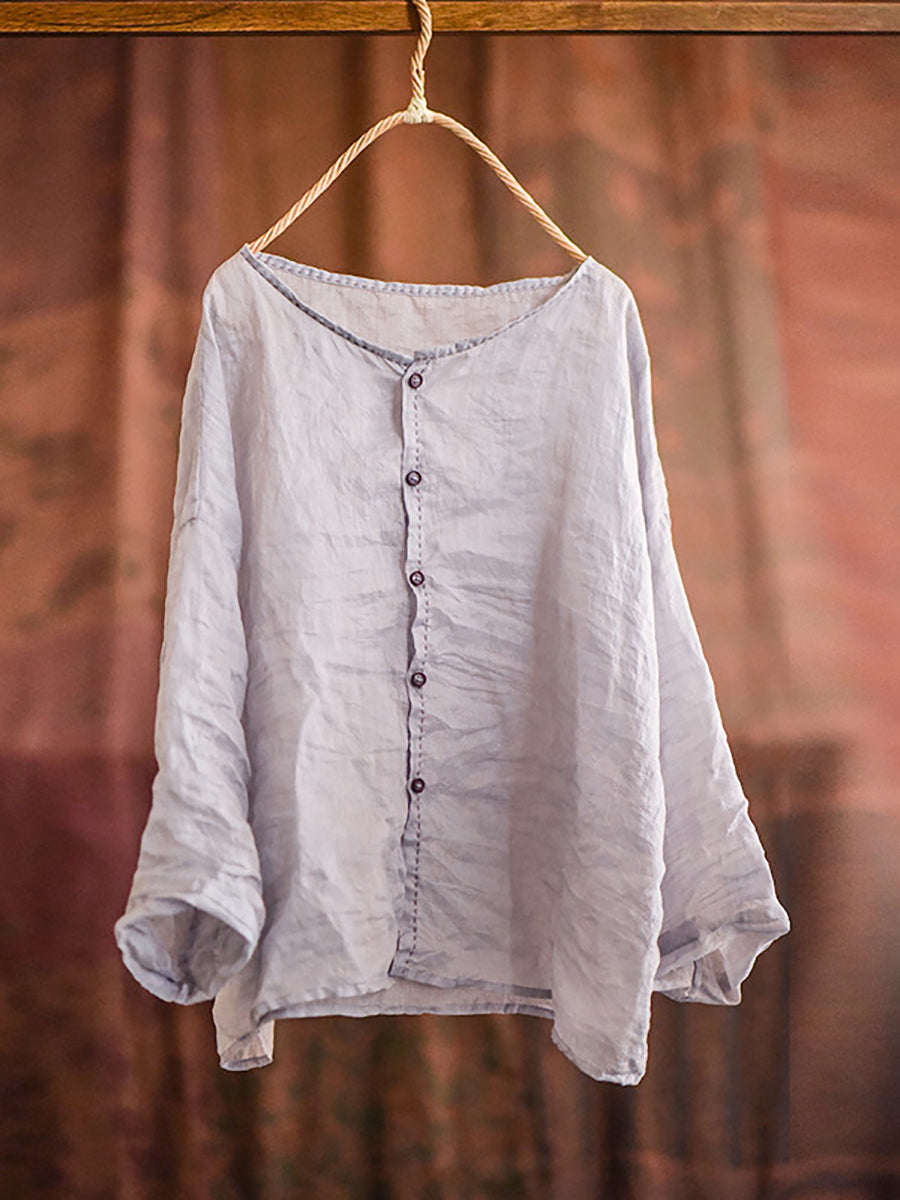 Women Summer Vintage Stitching Button Ramie Blouse