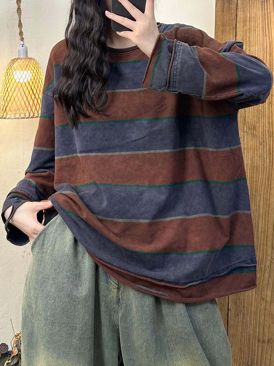 Women Autumn Vintage Colorblock Stripe O-Neck Cotton Blouse