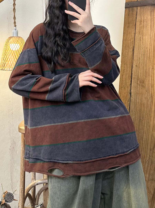 Women Autumn Vintage Colorblock Stripe O-Neck Cotton Blouse