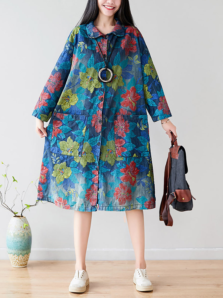 Women Autumn Artsy Flower Denim Pocket Coat