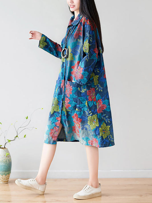 Women Autumn Artsy Flower Denim Pocket Coat