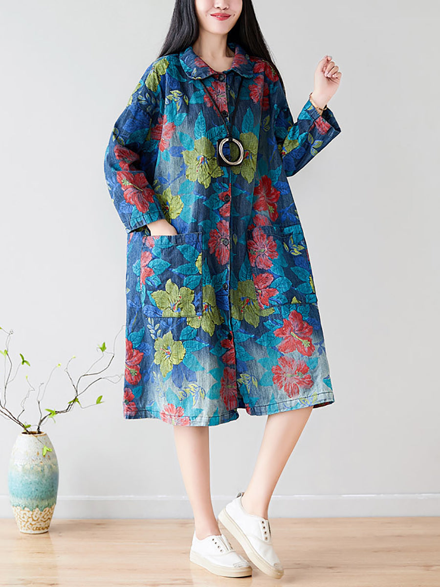 Women Autumn Artsy Flower Denim Pocket Coat