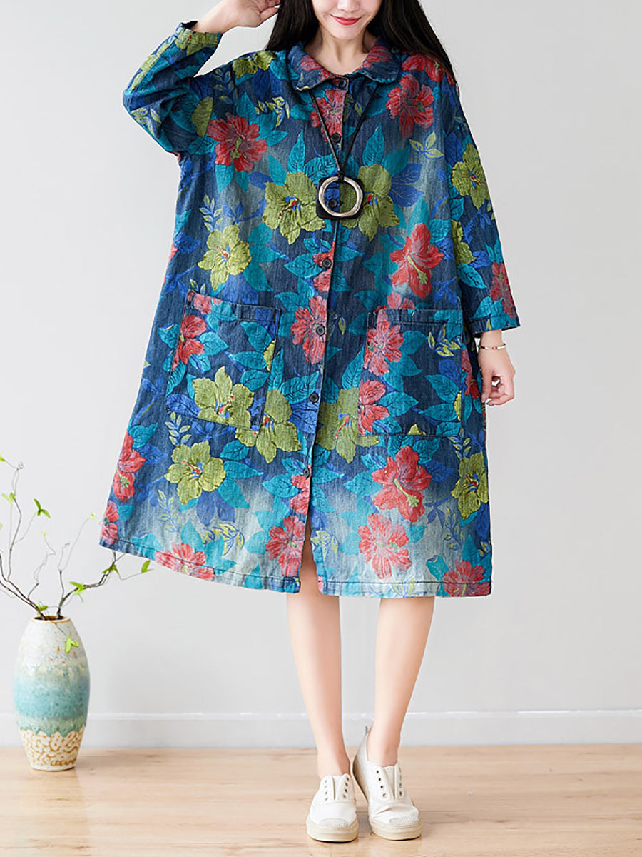 Women Autumn Artsy Flower Denim Pocket Coat