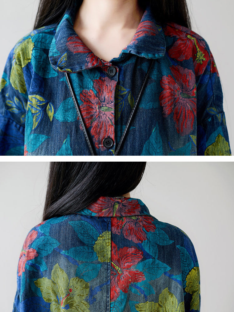 Women Autumn Artsy Flower Denim Pocket Coat