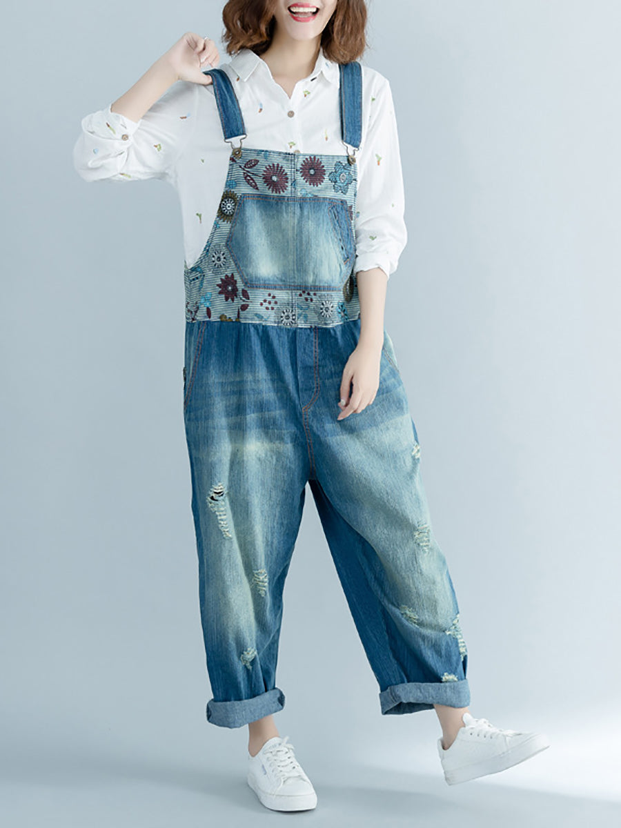 Women Artsy Flower Spliced Denim Frayed Jumpsuits