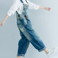 Women Artsy Flower Spliced Denim Frayed Jumpsuits