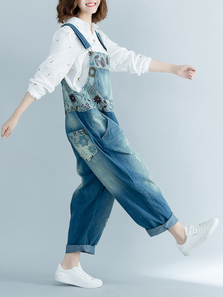 Women Artsy Flower Spliced Denim Frayed Jumpsuits