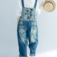 Women Artsy Flower Spliced Denim Frayed Jumpsuits