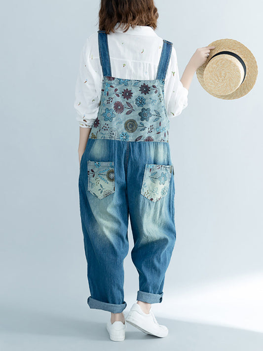 Women Artsy Flower Spliced Denim Frayed Jumpsuits