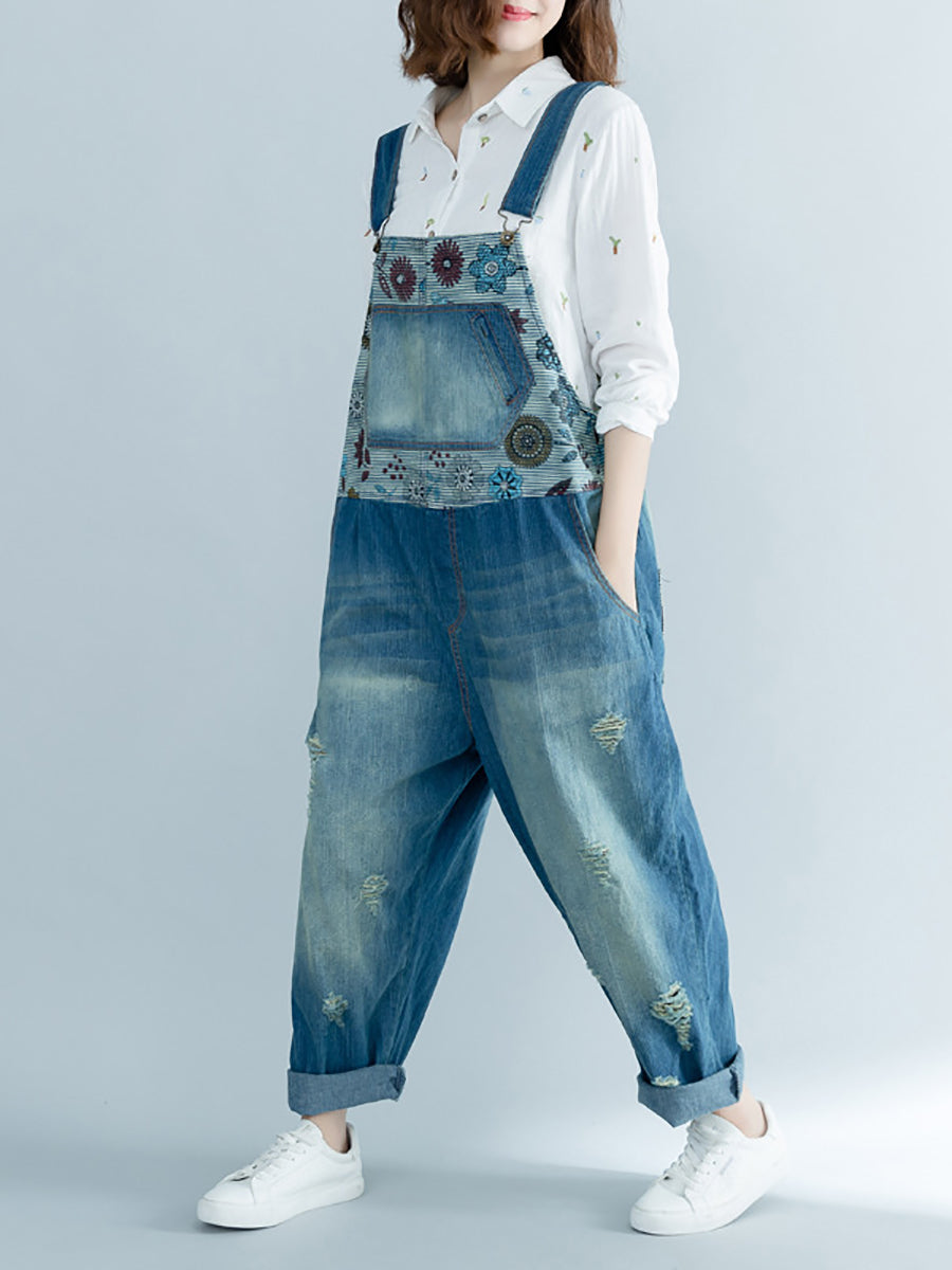 Women Artsy Flower Spliced Denim Frayed Jumpsuits