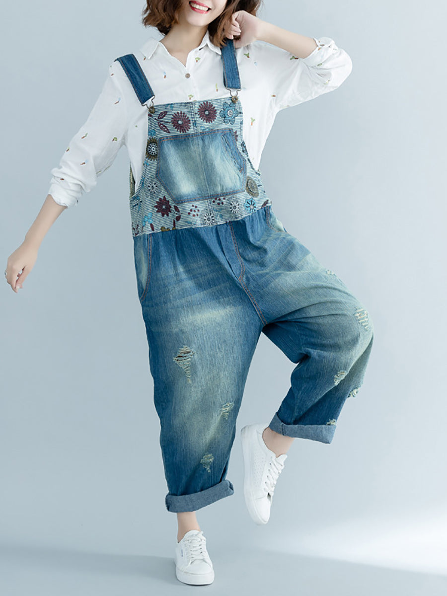 Women Artsy Flower Spliced Denim Frayed Jumpsuits