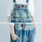 Women Artsy Flower Spliced Denim Frayed Jumpsuits