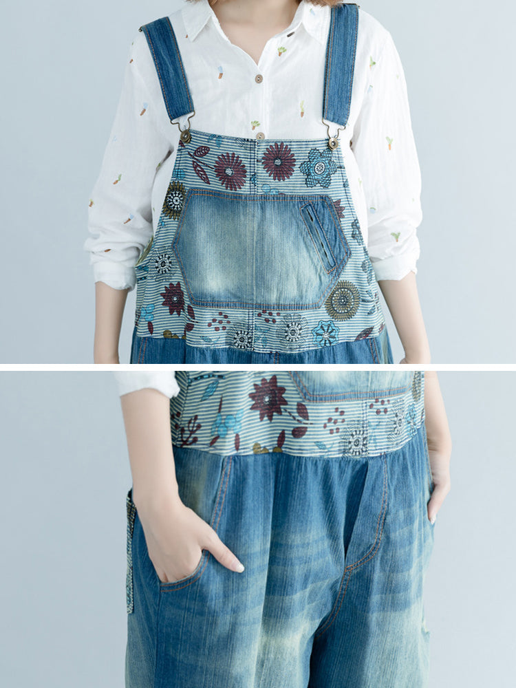 Women Artsy Flower Spliced Denim Frayed Jumpsuits